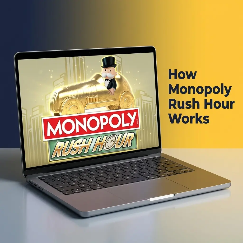 Live presenter spinning Monopoly Rush Hour wheel showing bet segments, chance multipliers, and 3D board bonus round