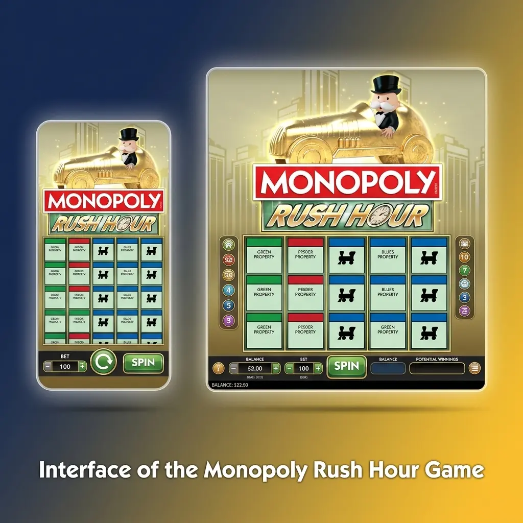 Monopoly Rush Hour game interface showing multiplier, Mr. Monopoly visuals, bet panel, and auto cash-out settings