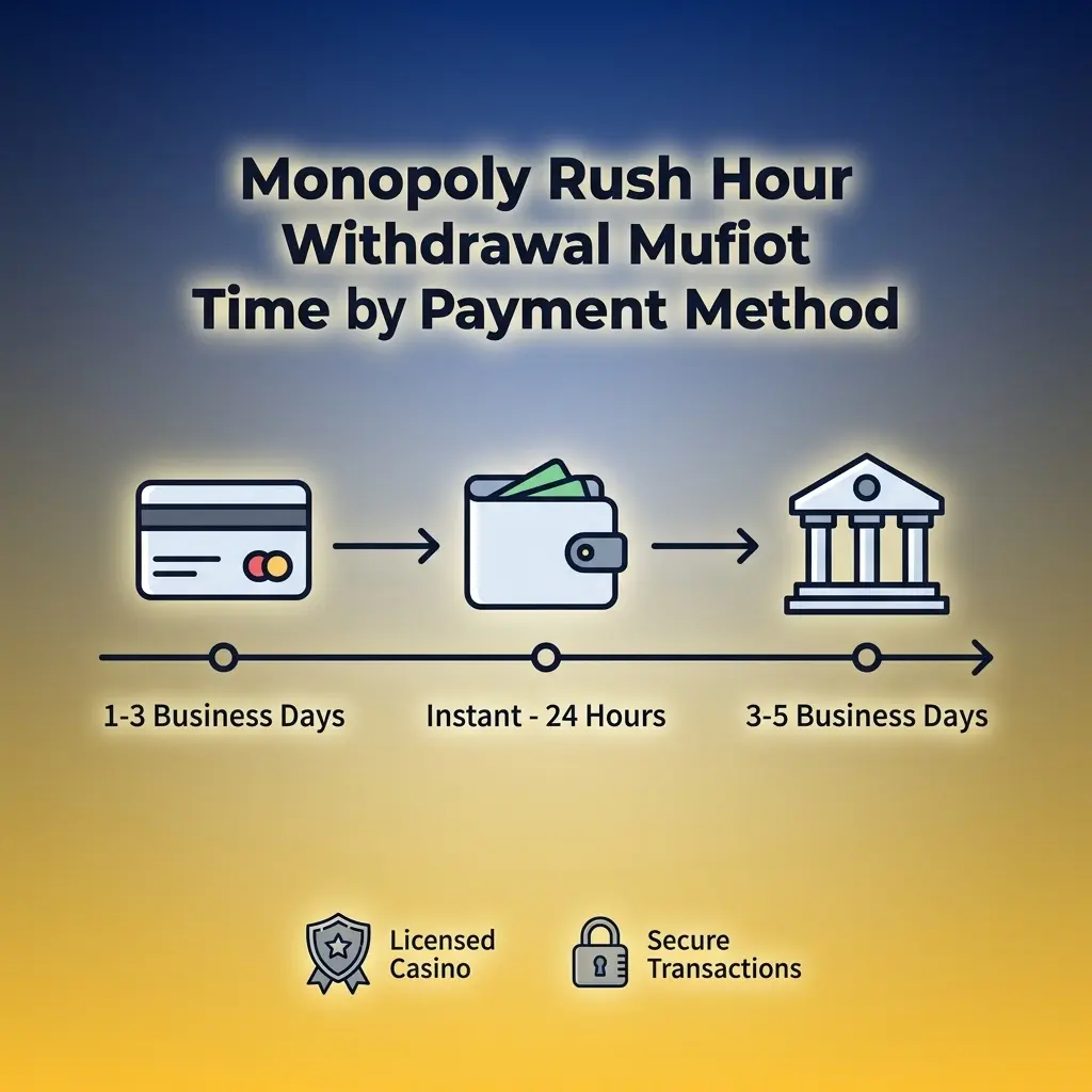 Monopoly Rush Hour withdrawal times by payment method including UPI, crypto, NEFT, and e-wallets
